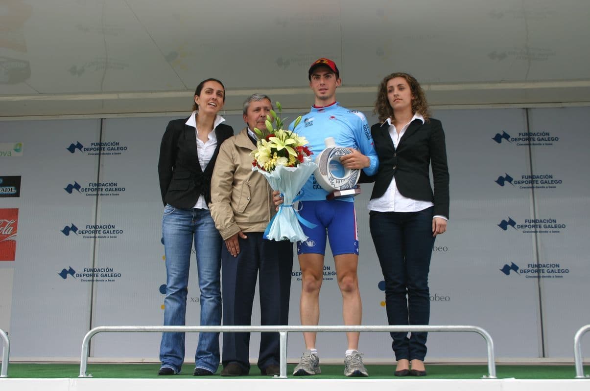 Jim Camut on the podium at Volta a Galicia, Spain — best young rider.
