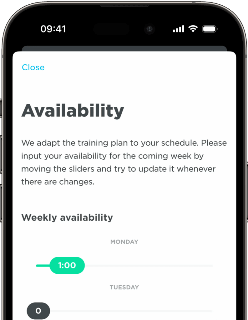 JOIN’s Availability screen, where you set the coming week by moving weekly-hour sliders.